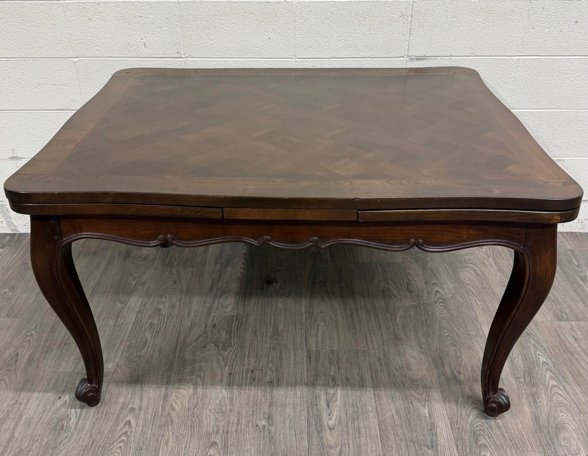Vintage French Provincial Louis XV Style Parquetry Top Draw Leaf Dining Table