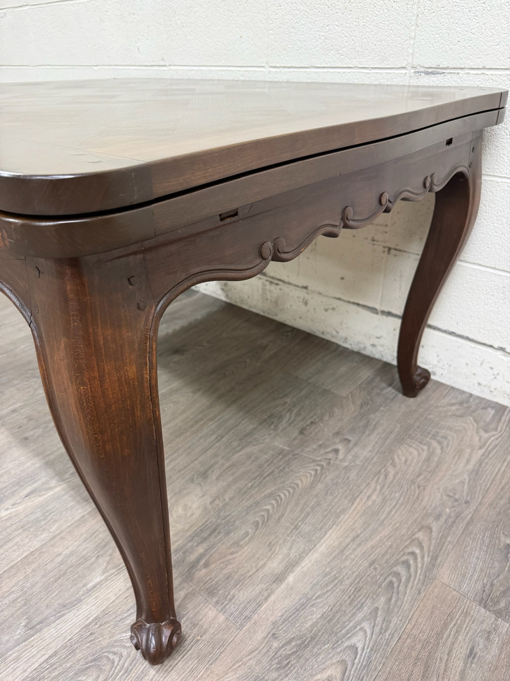 Vintage French Provincial Louis XV Style Parquetry Top Draw Leaf Dining Table