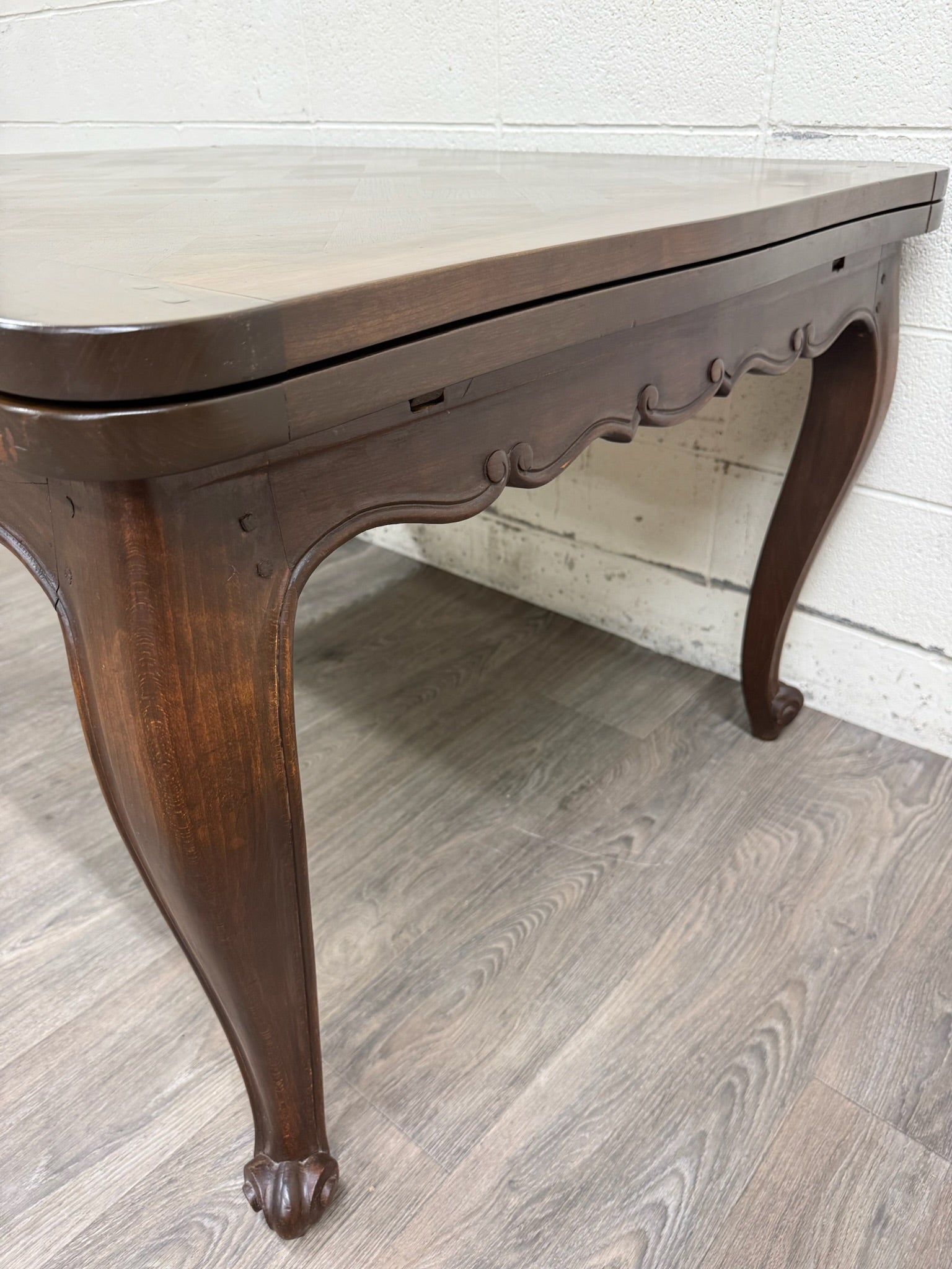 Vintage French Provincial Louis XV Style Parquetry Top Draw Leaf Dining Table