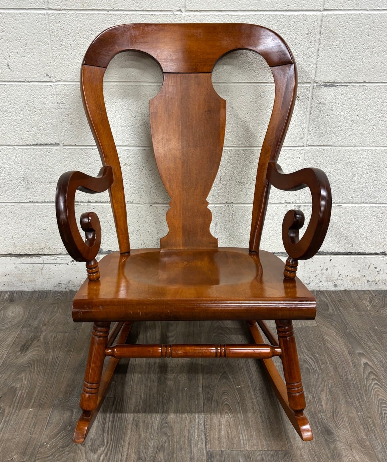 Vintage Colonial or Queen Anne Style Solid Maple Balloon Back Rocking Chair