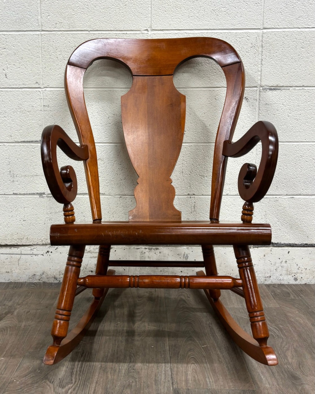 Vintage Colonial or Queen Anne Style Solid Maple Balloon Back Rocking Chair