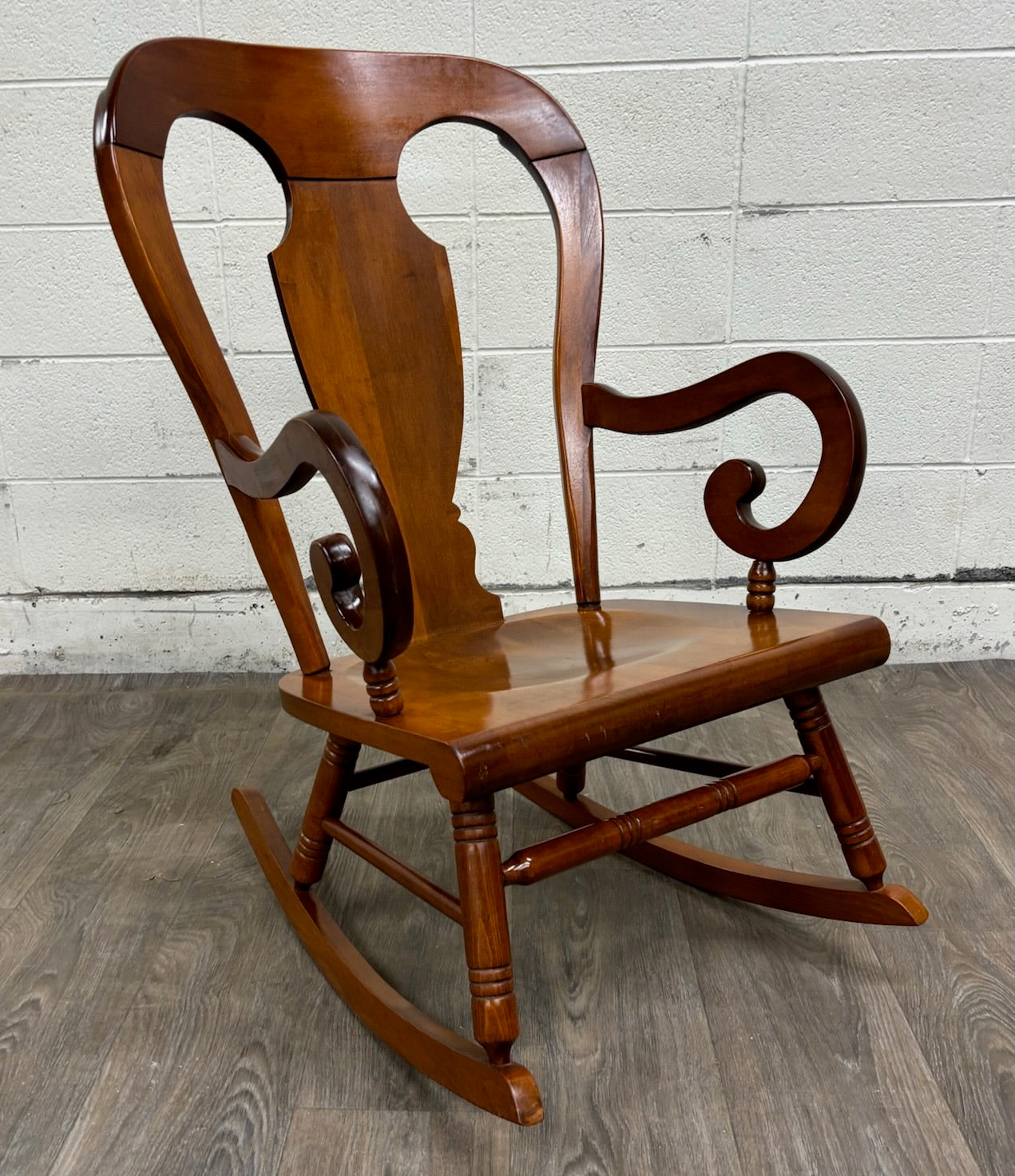 Vintage Colonial or Queen Anne Style Solid Maple Balloon Back Rocking Chair