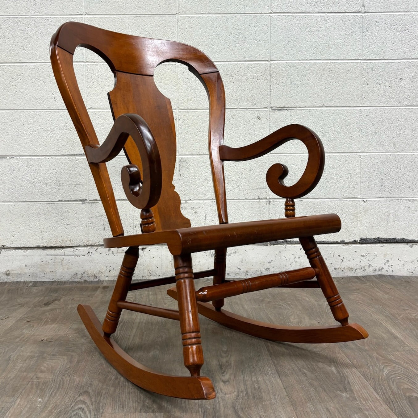 Vintage Colonial or Queen Anne Style Solid Maple Balloon Back Rocking Chair