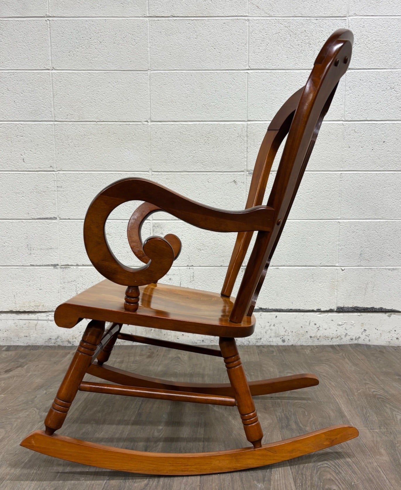 Vintage Colonial or Queen Anne Style Solid Maple Balloon Back Rocking Chair