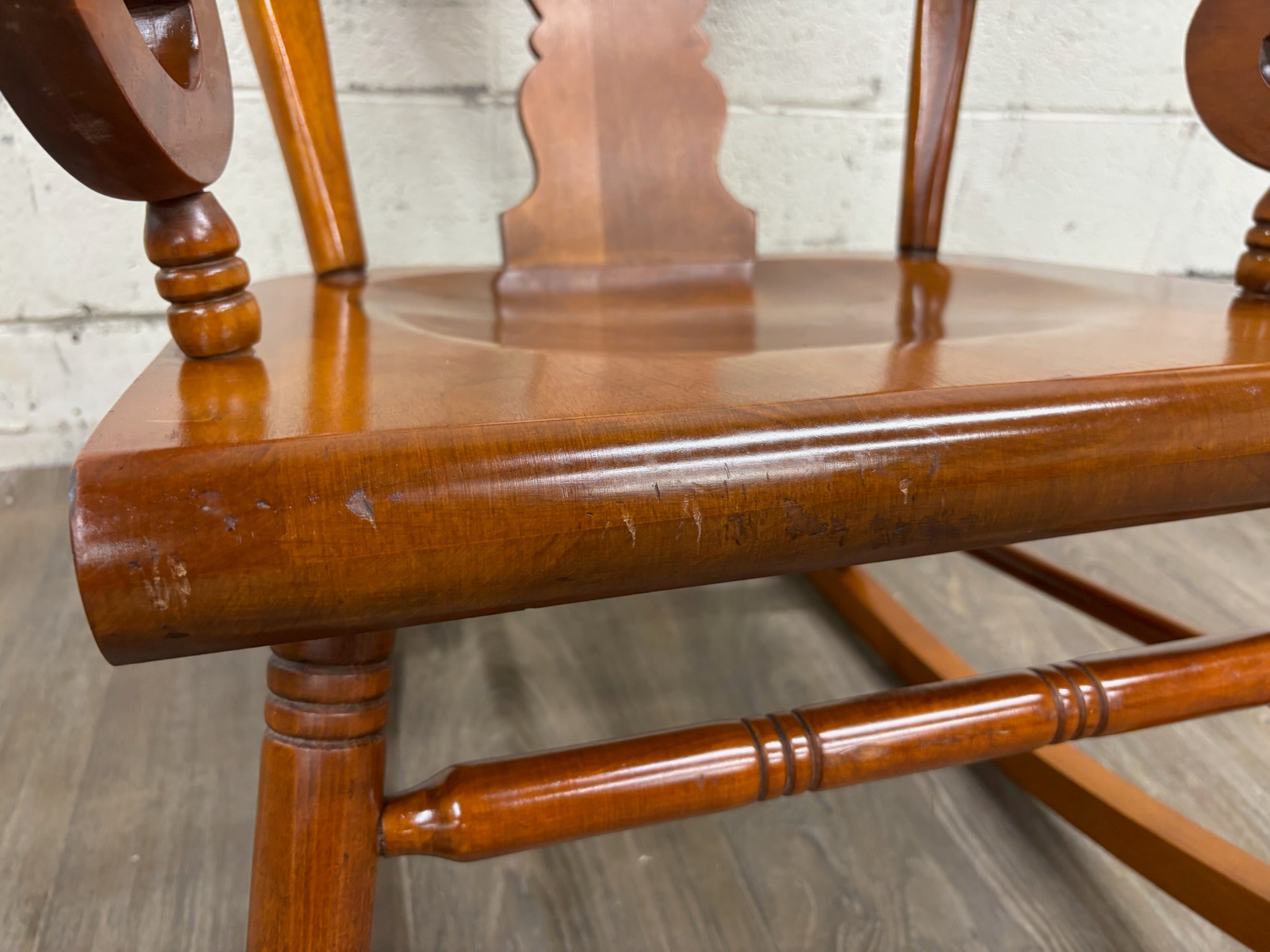 Vintage Colonial or Queen Anne Style Solid Maple Balloon Back Rocking Chair