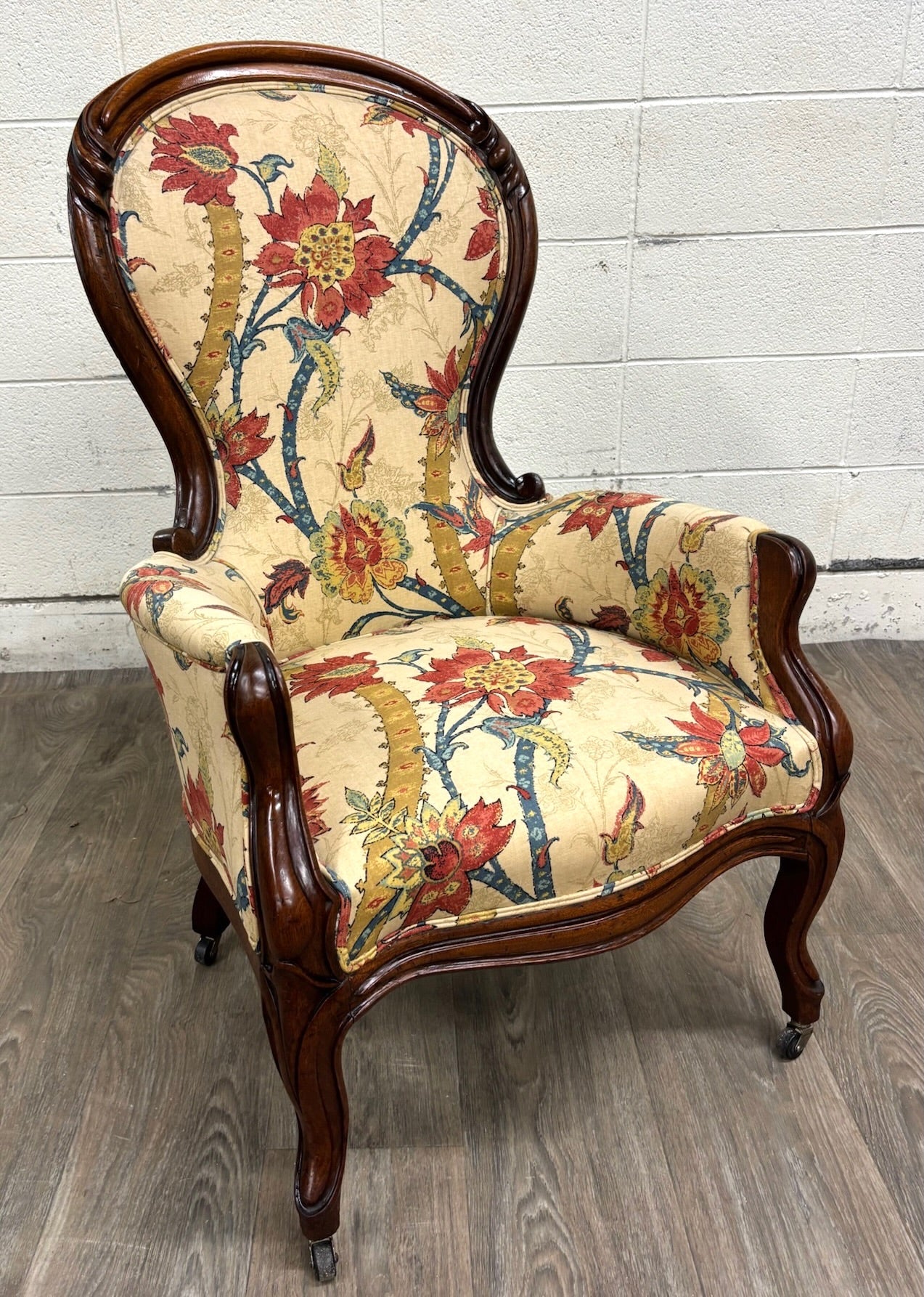Antique Victorian Rococo Revival Balloon Back Walnut Armchair Parlor Chair
