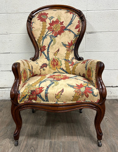 Antique Victorian Rococo Revival Balloon Back Walnut Armchair Parlor Chair