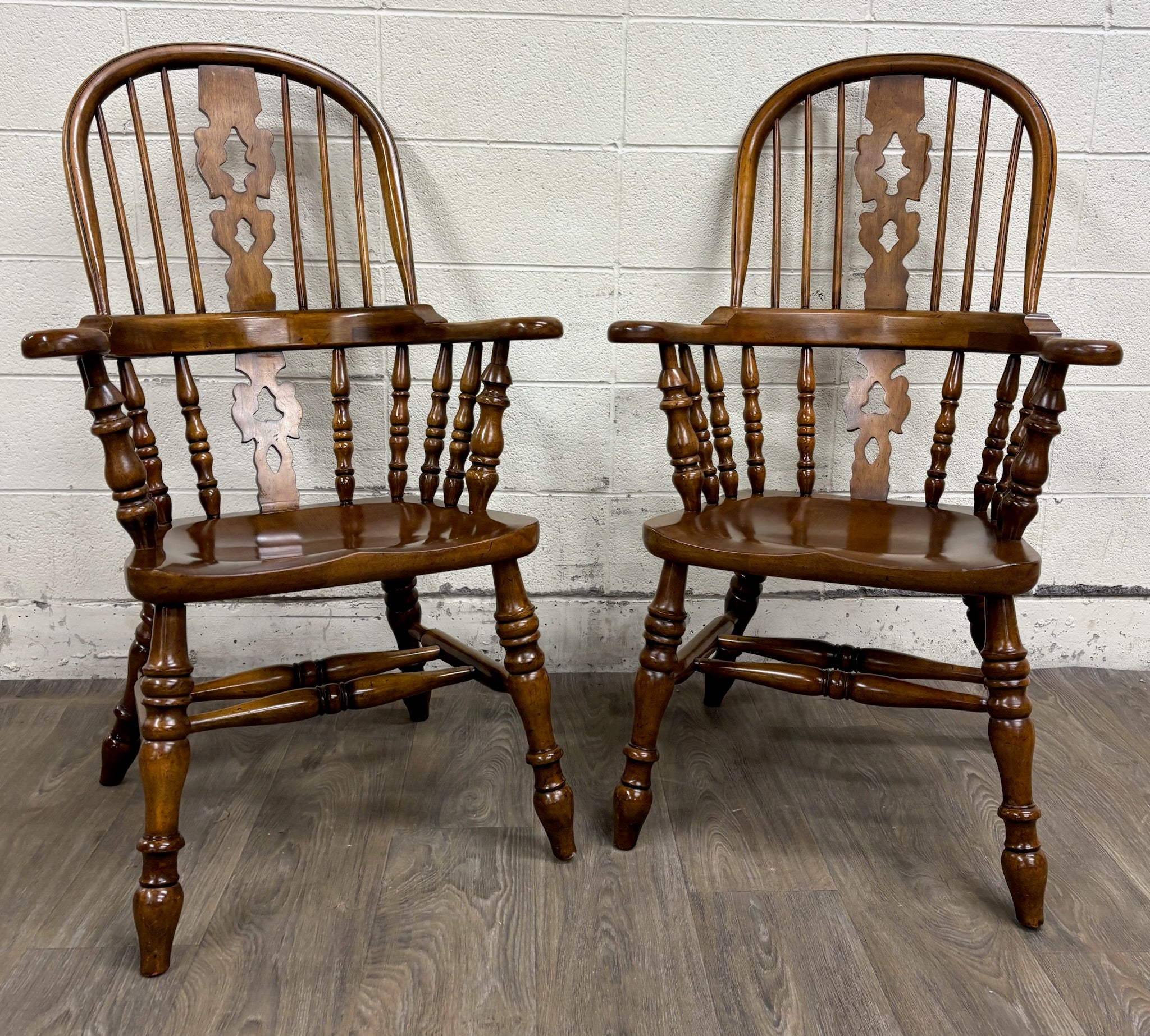 Vintage Barnard & Simonds Windsor Style Solid Wood Hoop Back Arm Chairs - Pair