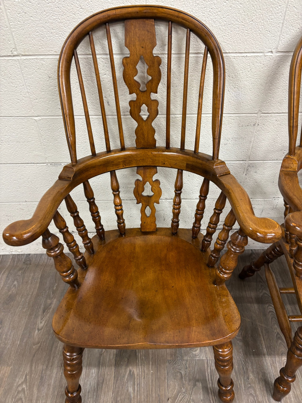 Vintage Barnard & Simonds Windsor Style Solid Wood Hoop Back Arm Chairs - Pair