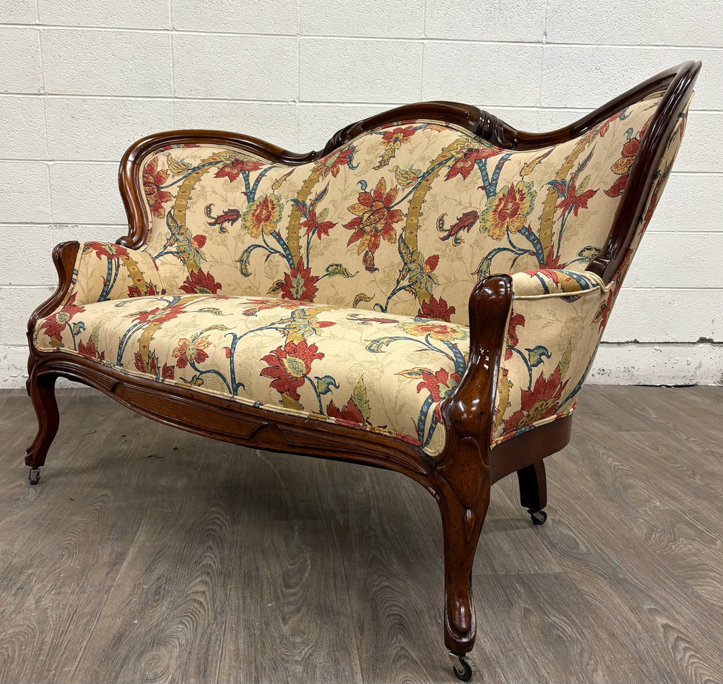 Antique Late 1800s Victorian Carved Walnut Floral Upholstered Parlor Settee