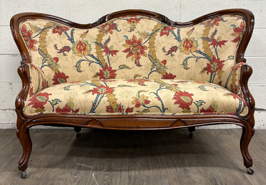 Antique Late 1800s Victorian Carved Walnut Floral Upholstered Parlor Settee