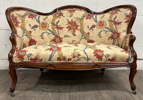 Antique Late 1800s Victorian Carved Walnut Floral Upholstered Parlor Settee