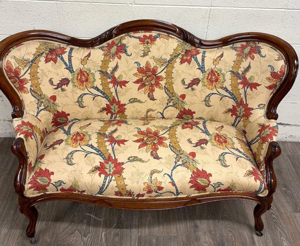 Antique Late 1800s Victorian Carved Walnut Floral Upholstered Parlor Settee