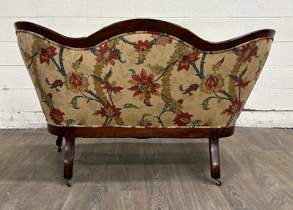 Antique Late 1800s Victorian Carved Walnut Floral Upholstered Parlor Settee