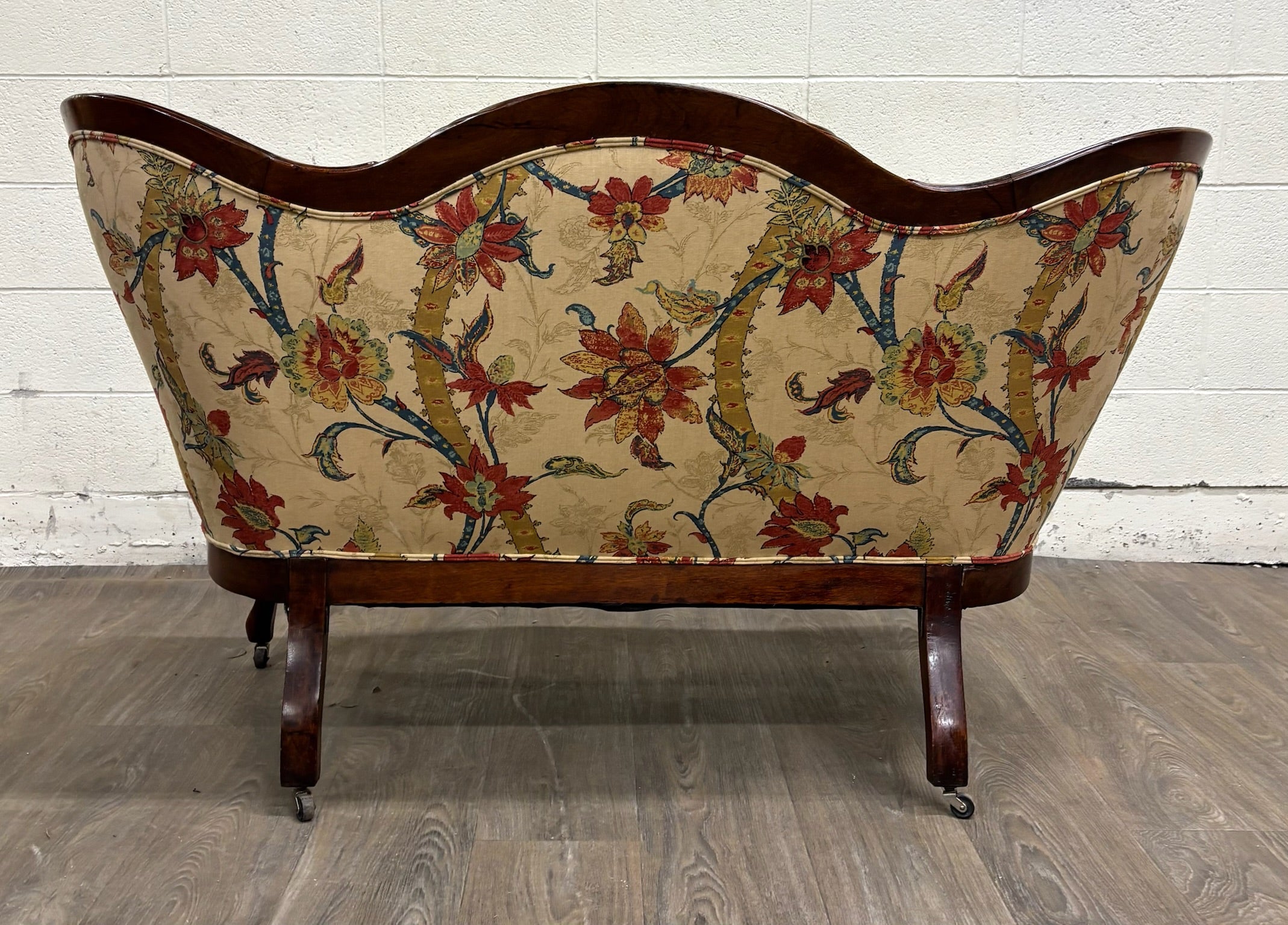 Antique Late 1800s Victorian Carved Walnut Floral Upholstered Parlor Settee