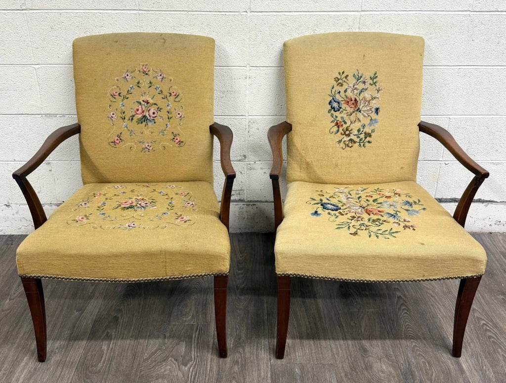 Vintage Mid Century Modern MCM Needlepoint Armchairs - Pair