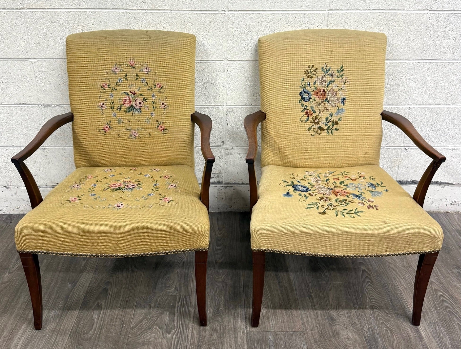 Vintage Mid Century Modern MCM Needlepoint Armchairs - Pair