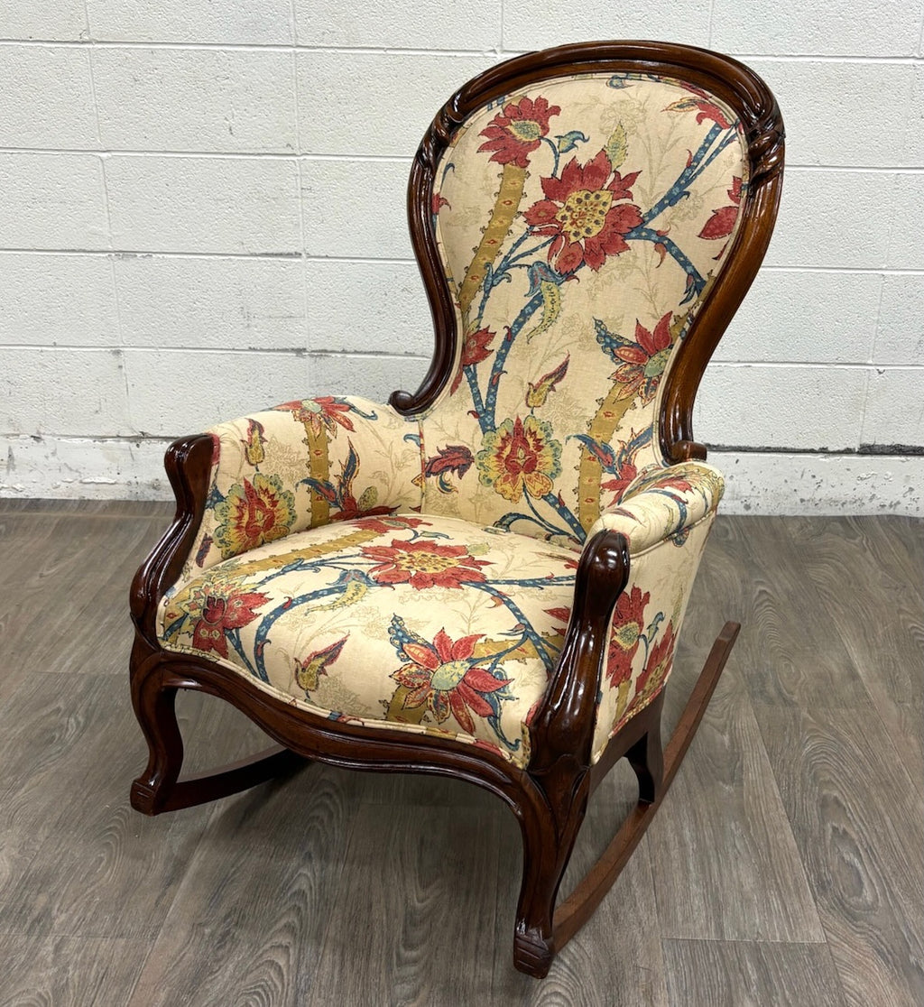 Antique Victorian Style Walnut Balloon Back Floral Upholstered Rocking Chair