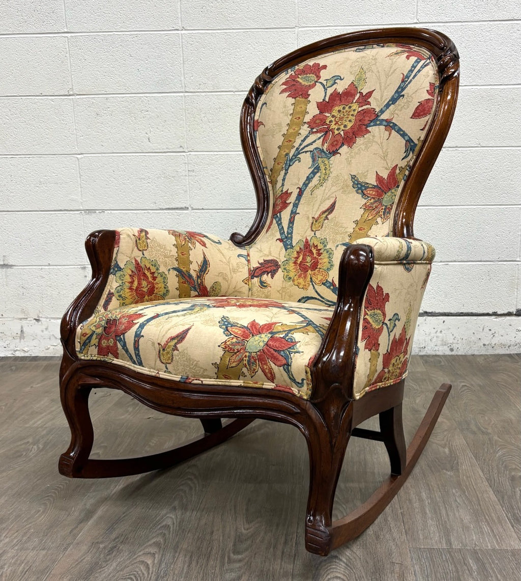 Antique Victorian Style Walnut Balloon Back Floral Upholstered Rocking Chair