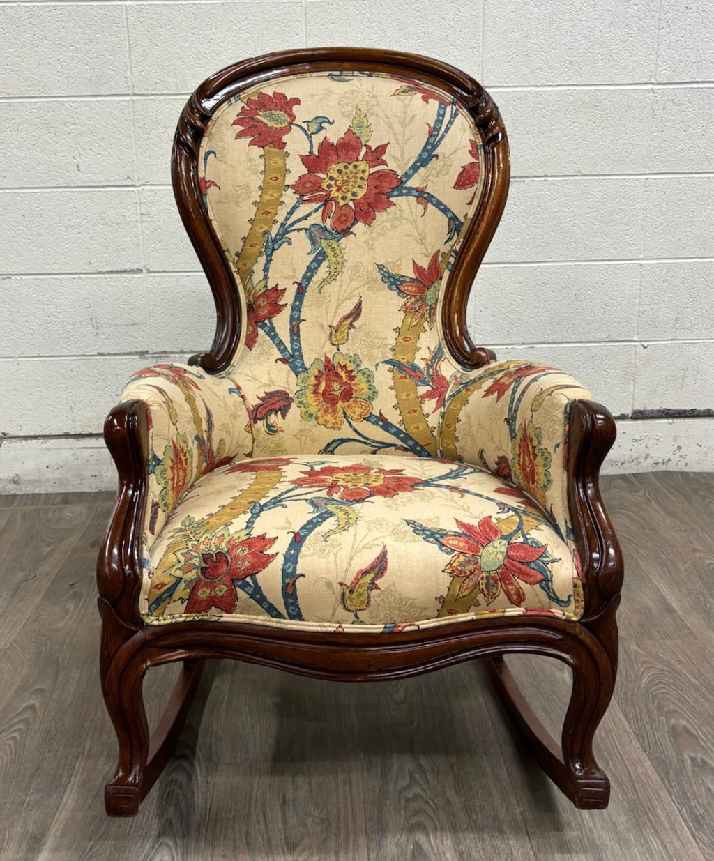 Antique Victorian Style Walnut Balloon Back Floral Upholstered Rocking Chair