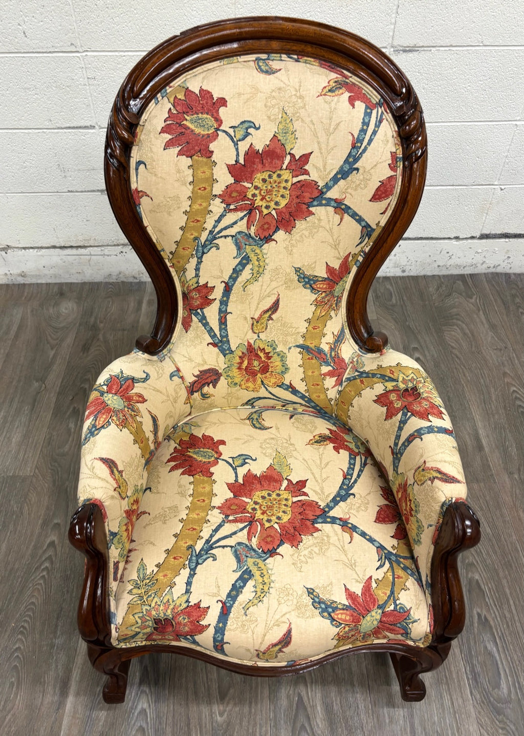 Antique Victorian Style Walnut Balloon Back Floral Upholstered Rocking Chair