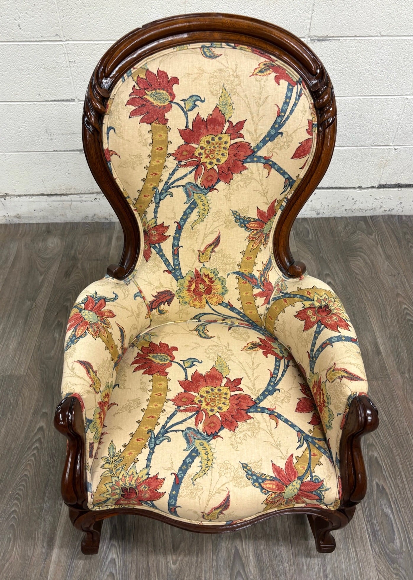 Antique Victorian Style Walnut Balloon Back Floral Upholstered Rocking Chair