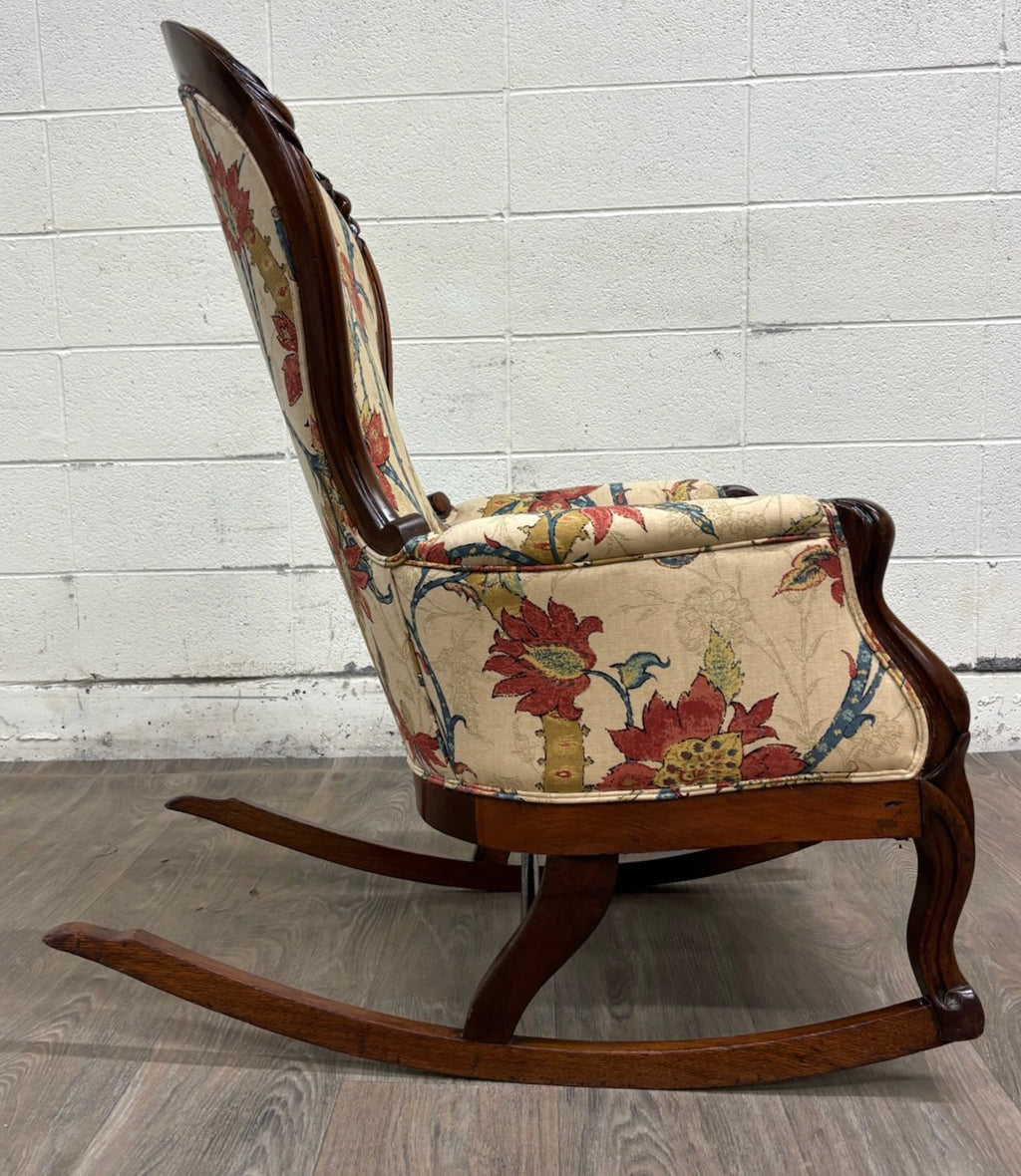 Antique Victorian Style Walnut Balloon Back Floral Upholstered Rocking Chair