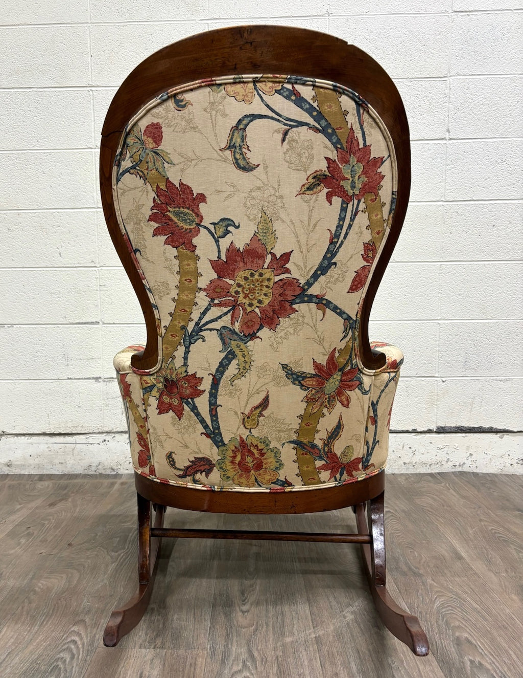 Antique Victorian Style Walnut Balloon Back Floral Upholstered Rocking Chair