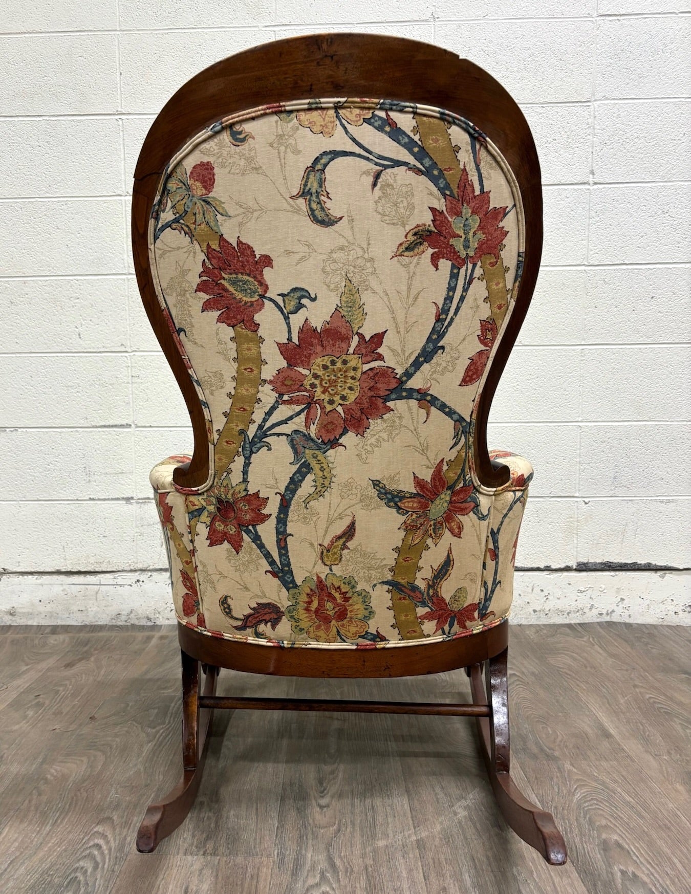 Antique Victorian Style Walnut Balloon Back Floral Upholstered Rocking Chair