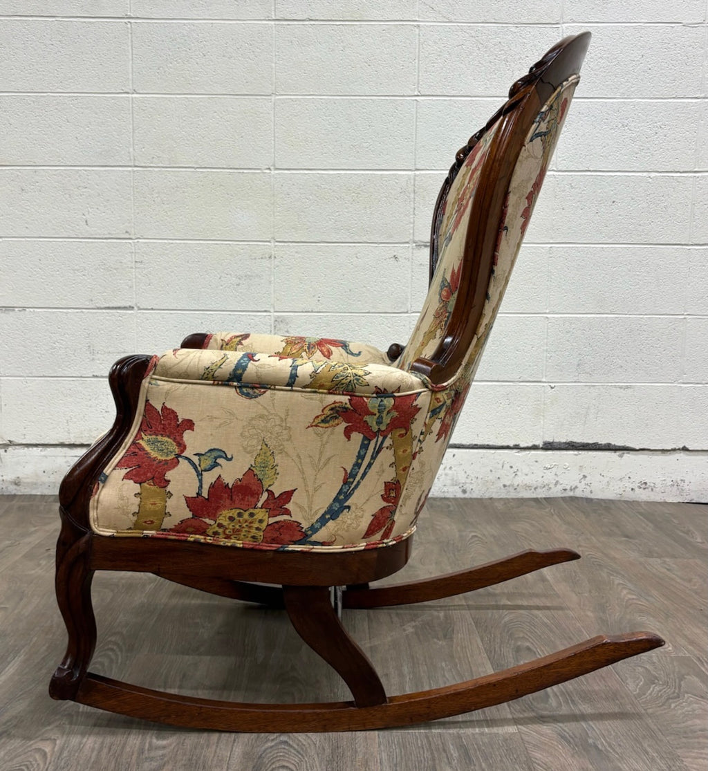 Antique Victorian Style Walnut Balloon Back Floral Upholstered Rocking Chair
