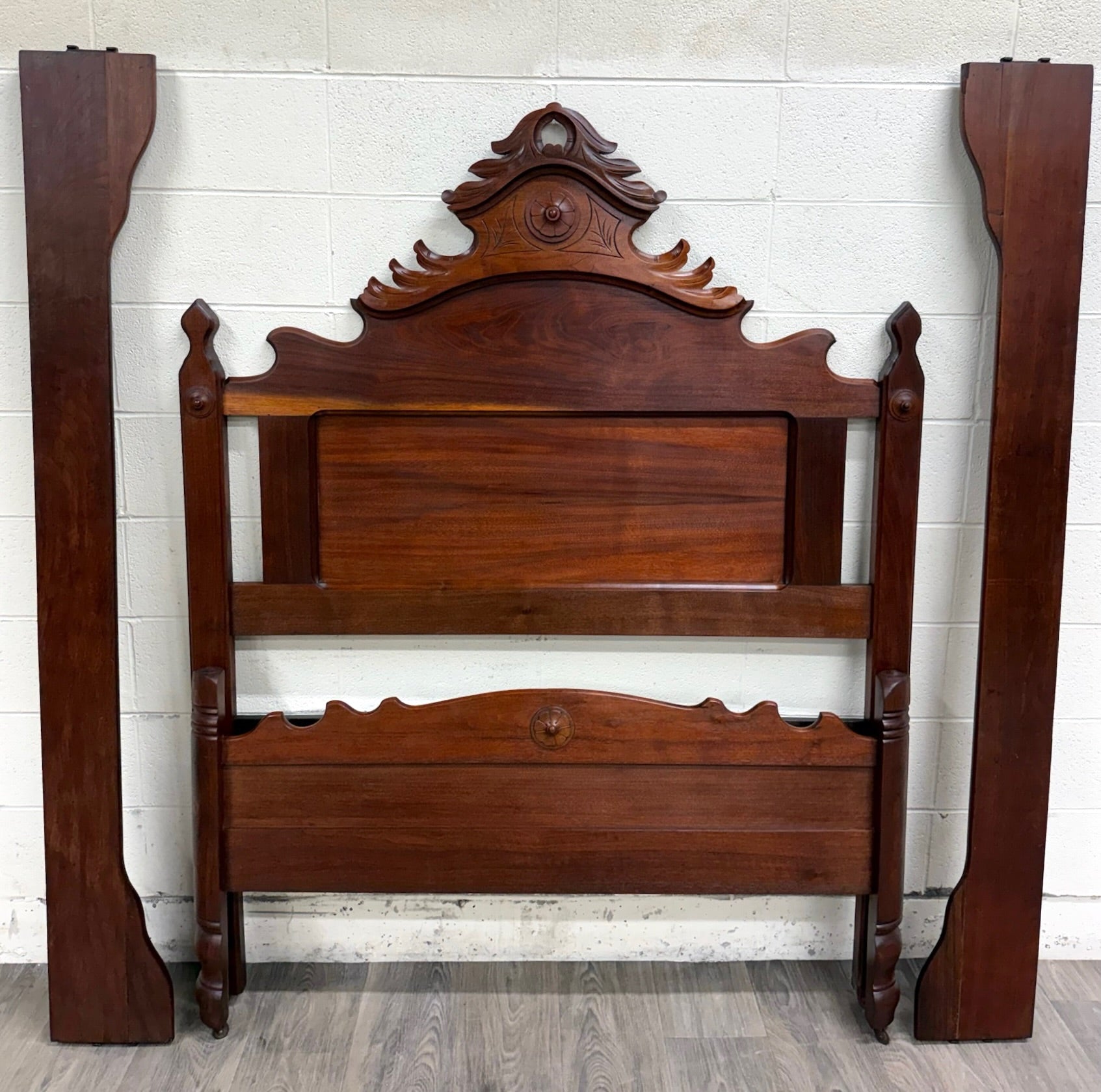 Antique Full Size Victorian Eastlake Style Solid Walnut Bed