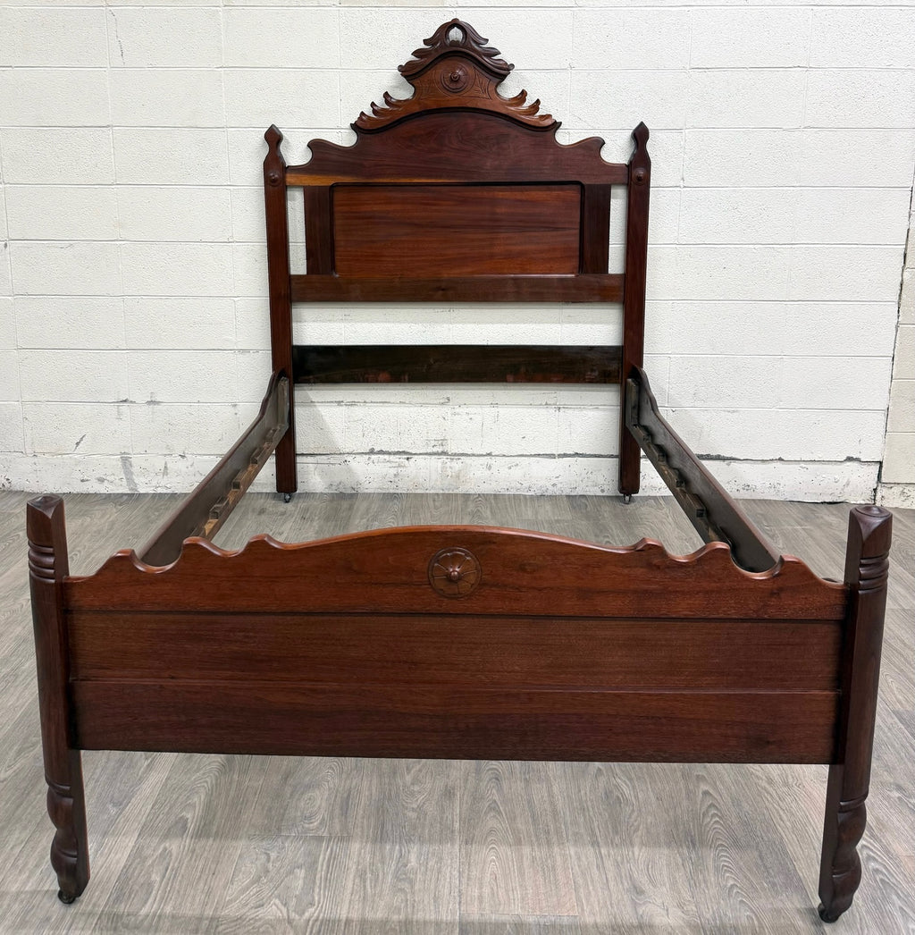 Antique Full Size Victorian Eastlake Style Solid Walnut Bed