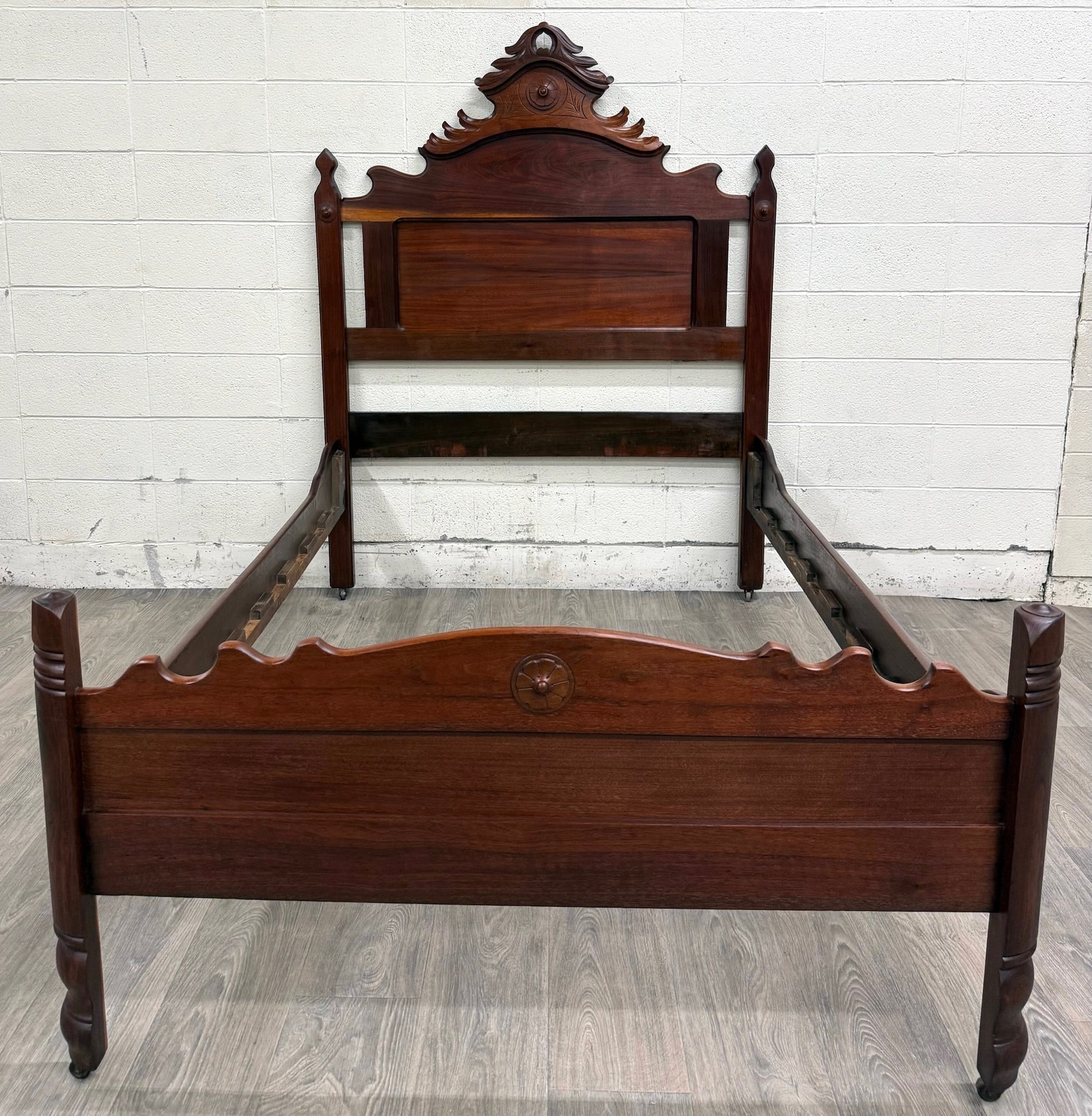 Antique Full Size Victorian Eastlake Style Solid Walnut Bed