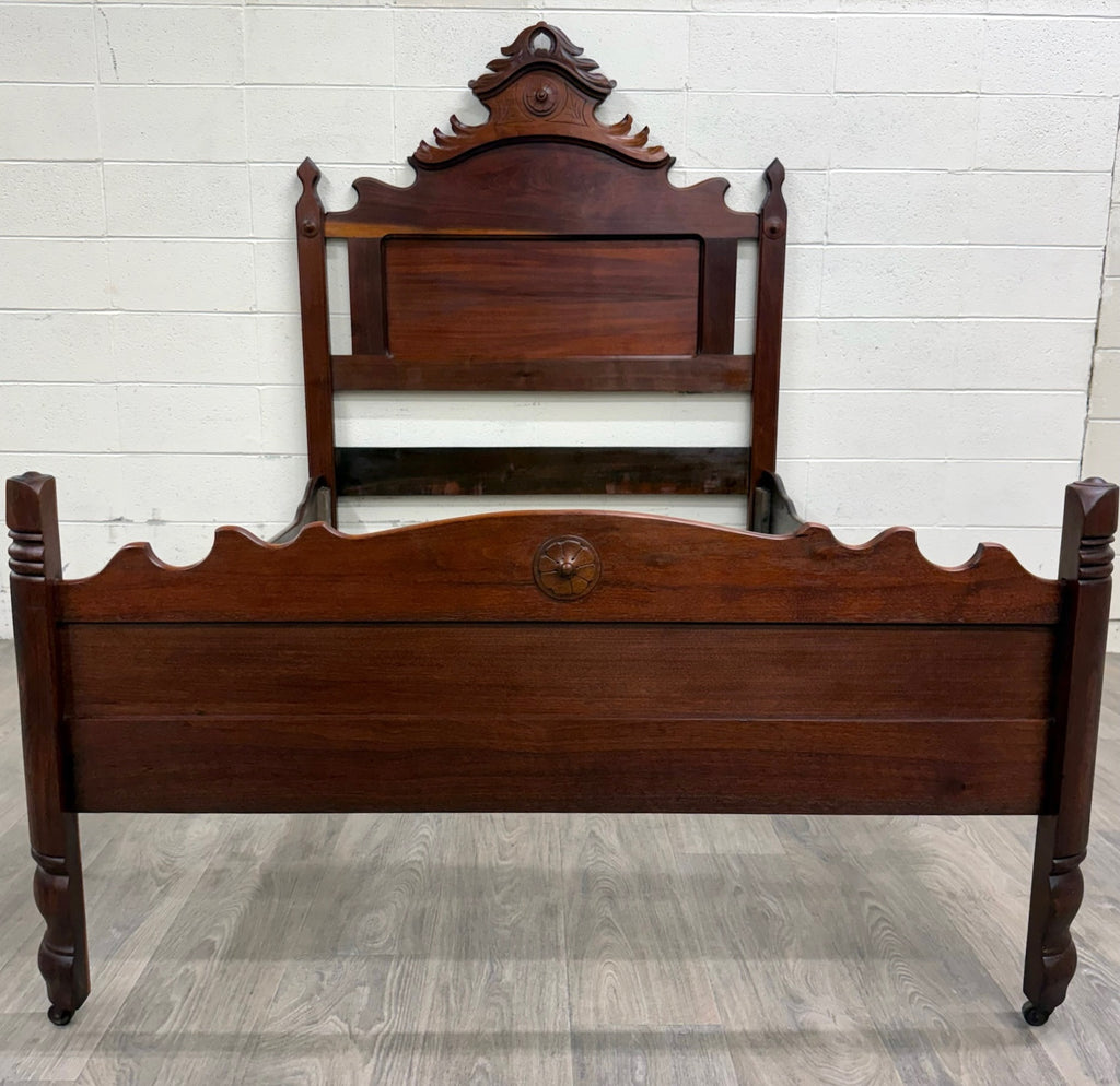 Antique Full Size Victorian Eastlake Style Solid Walnut Bed