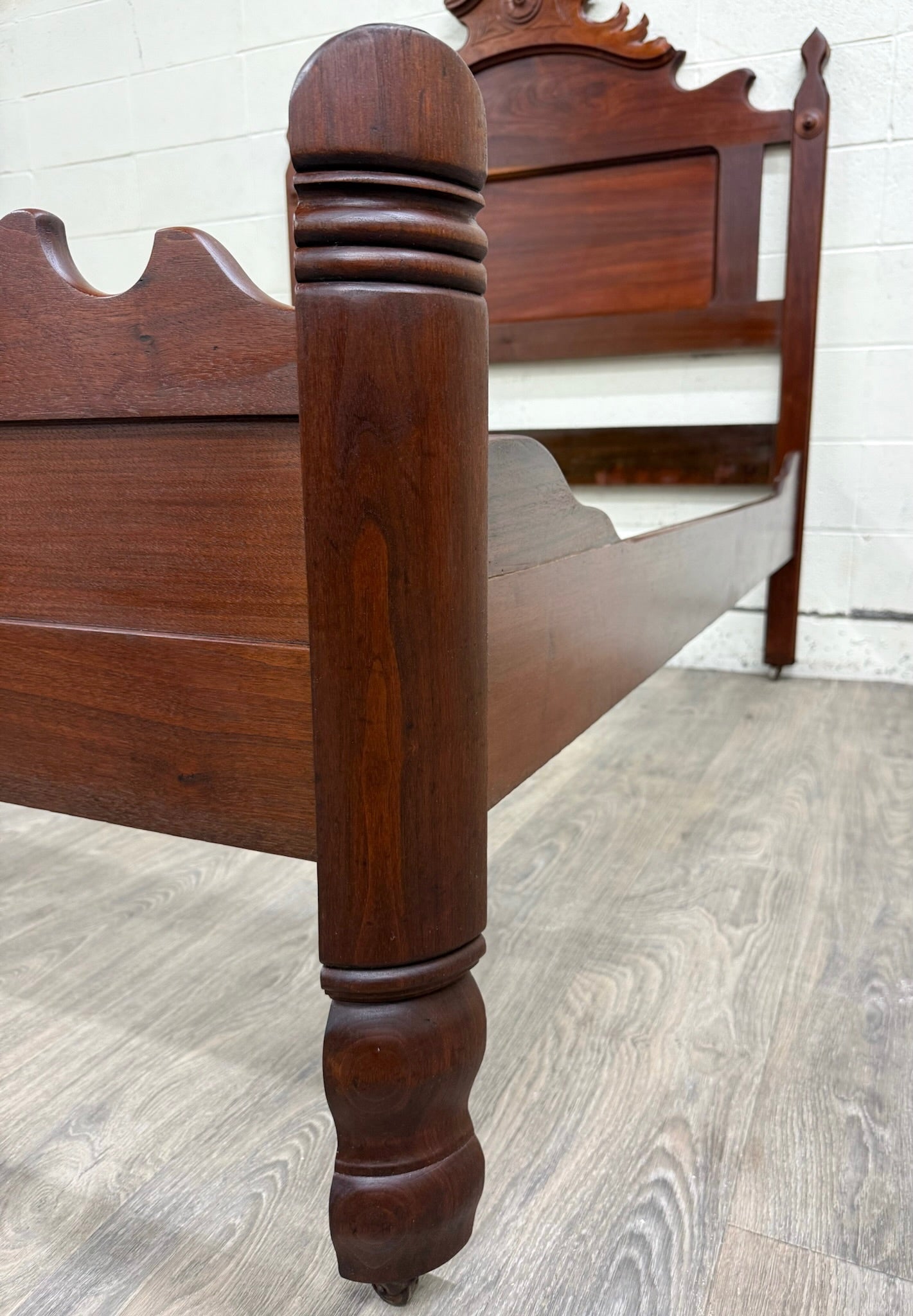 Antique Full Size Victorian Eastlake Style Solid Walnut Bed