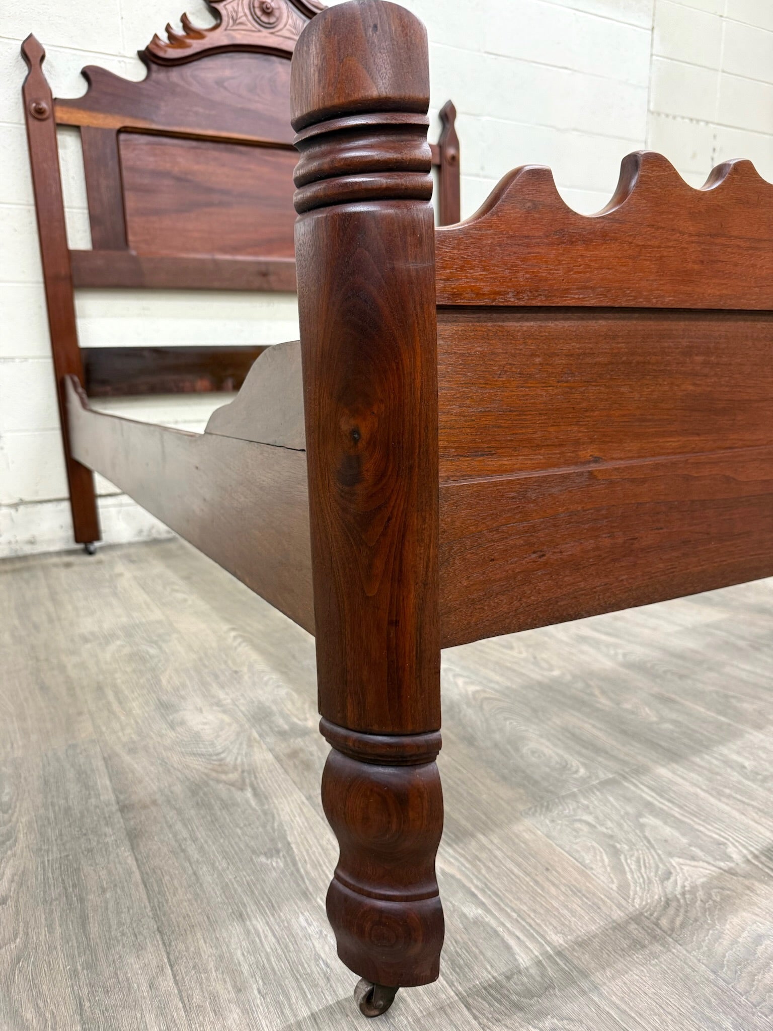 Antique Full Size Victorian Eastlake Style Solid Walnut Bed