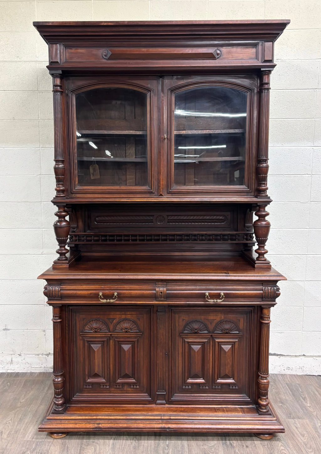 Antique Late 1800s French Renaissance Revival Walnut Step Back Bookcase Cabinet