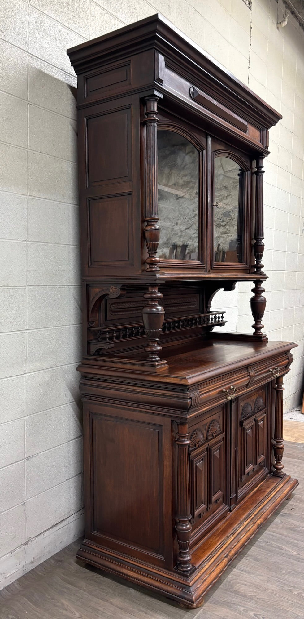Antique Late 1800s French Renaissance Revival Walnut Step Back Bookcase Cabinet