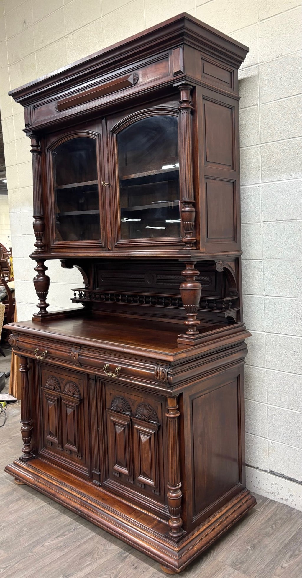 Antique Late 1800s French Renaissance Revival Walnut Step Back Bookcase Cabinet