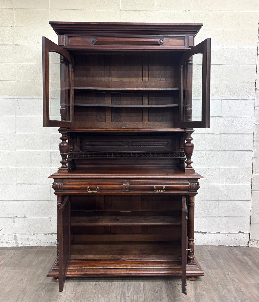 Antique Late 1800s French Renaissance Revival Walnut Step Back Bookcase Cabinet