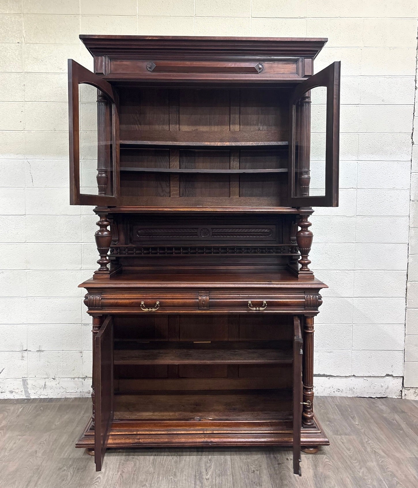 Antique Late 1800s French Renaissance Revival Walnut Step Back Bookcase Cabinet