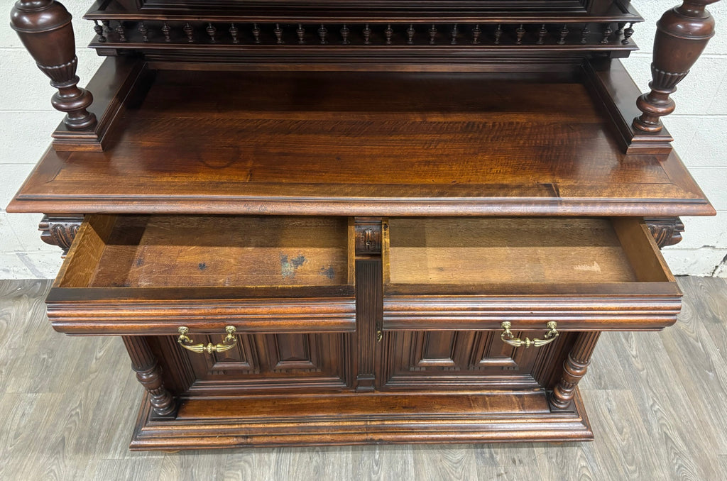 Antique Late 1800s French Renaissance Revival Walnut Step Back Bookcase Cabinet