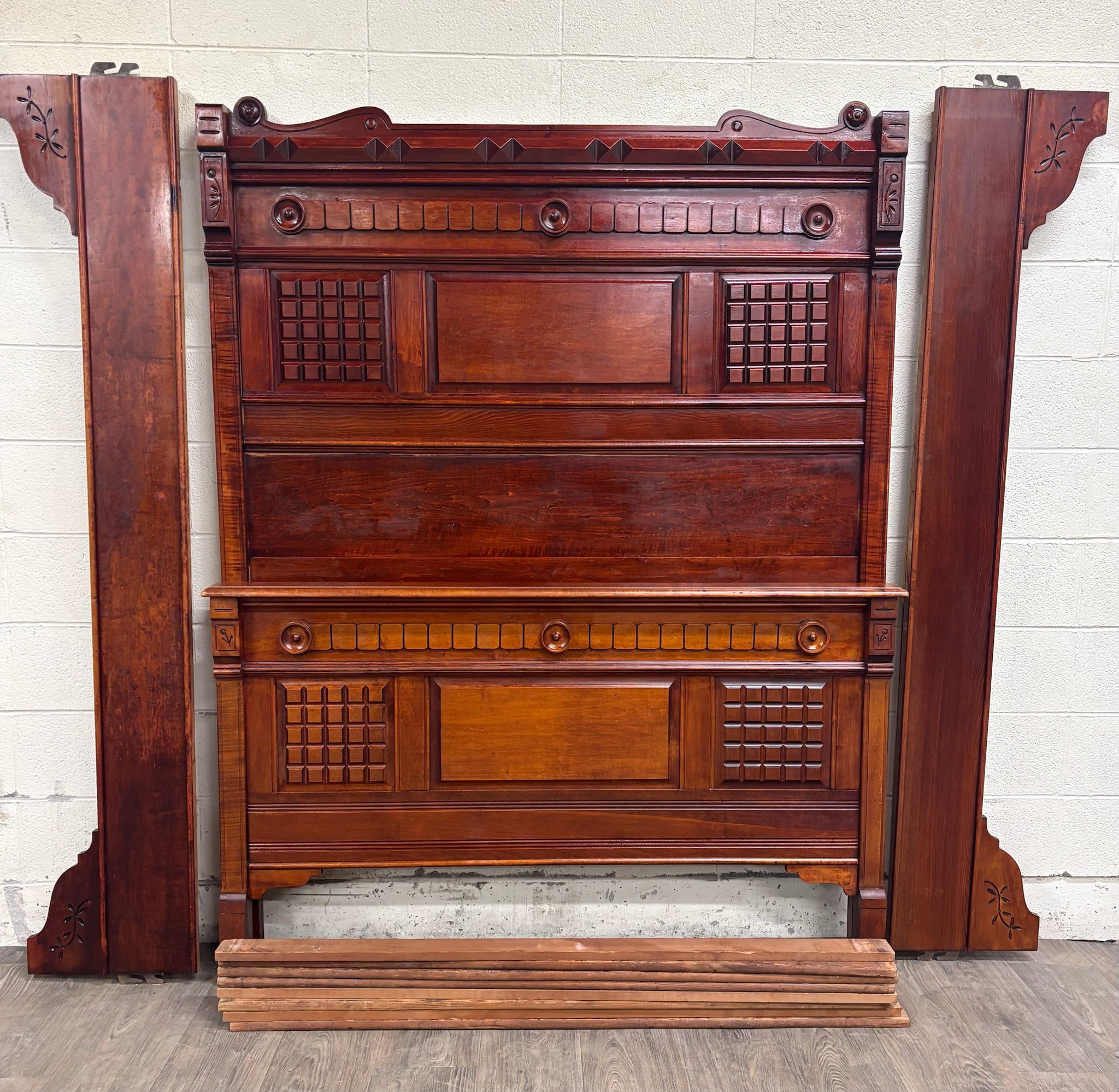 Antique Full Size Late 19th Century Victorian Eastlake Monumental High Back Bed