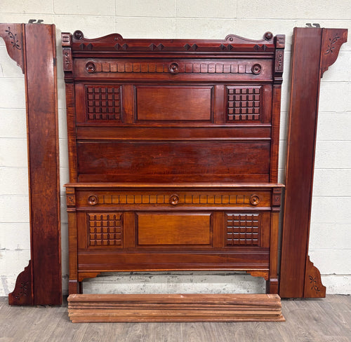Antique Full Size Late 19th Century Victorian Eastlake Monumental High Back Bed