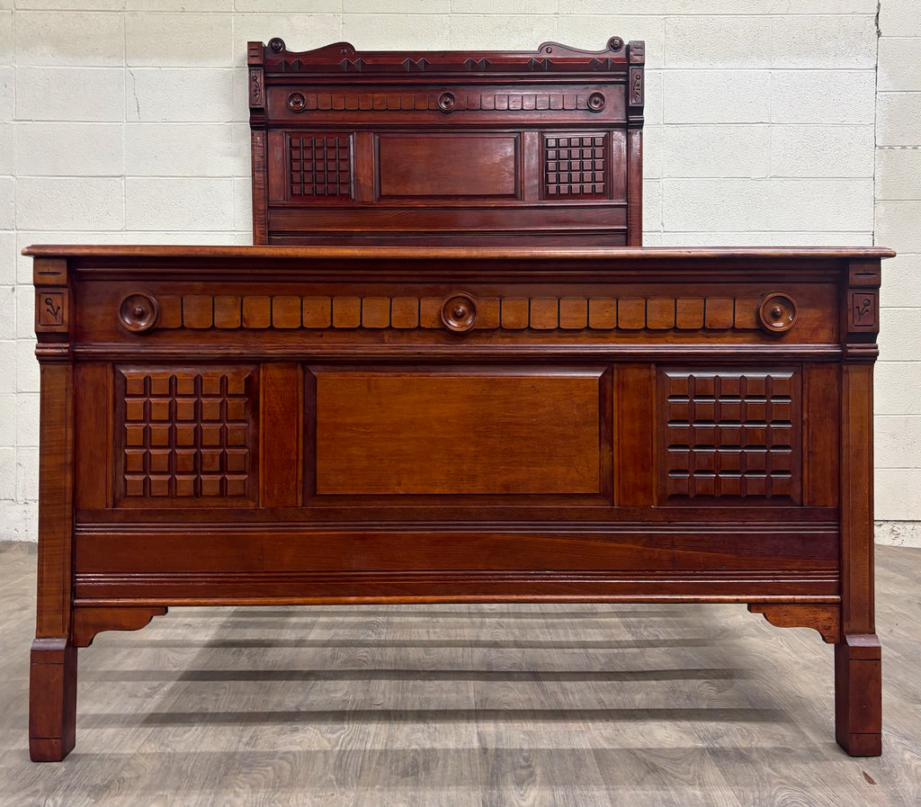 Antique Full Size Late 19th Century Victorian Eastlake Monumental High Back Bed