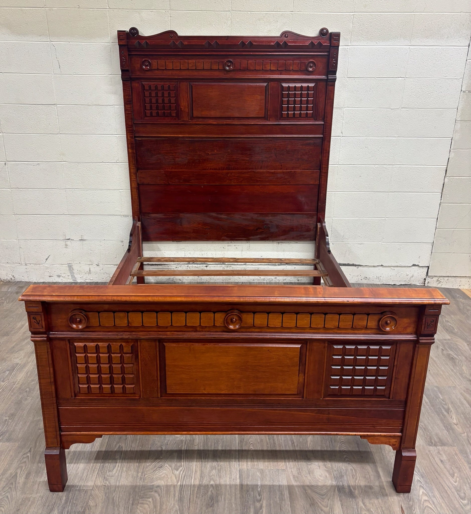 Antique Full Size Late 19th Century Victorian Eastlake Monumental High Back Bed