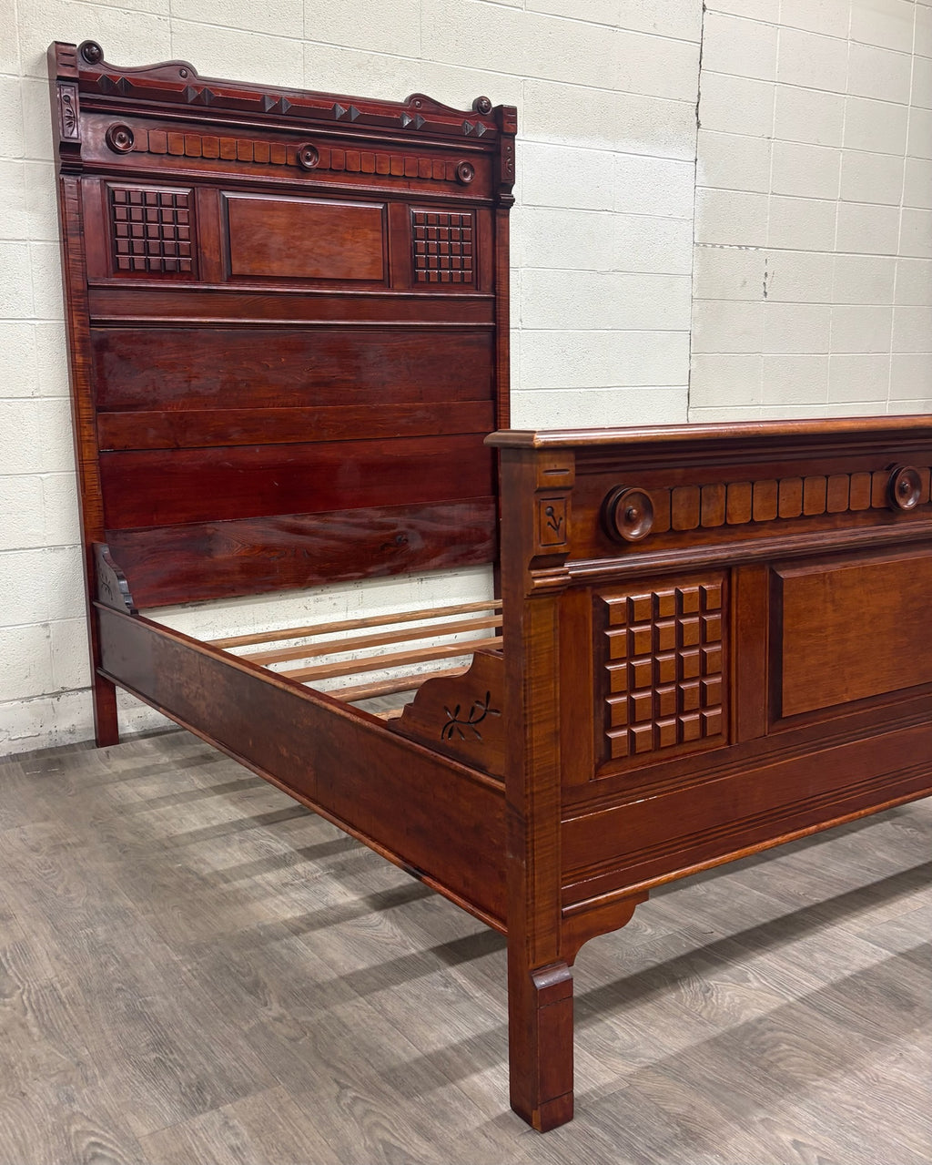 Antique Full Size Late 19th Century Victorian Eastlake Monumental High Back Bed