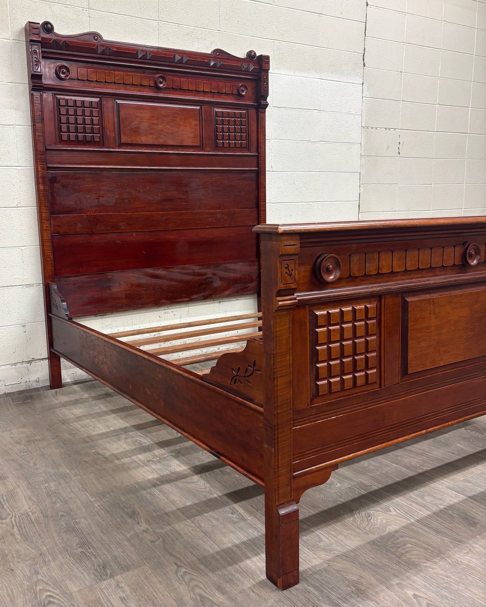 Antique Full Size Late 19th Century Victorian Eastlake Monumental High Back Bed