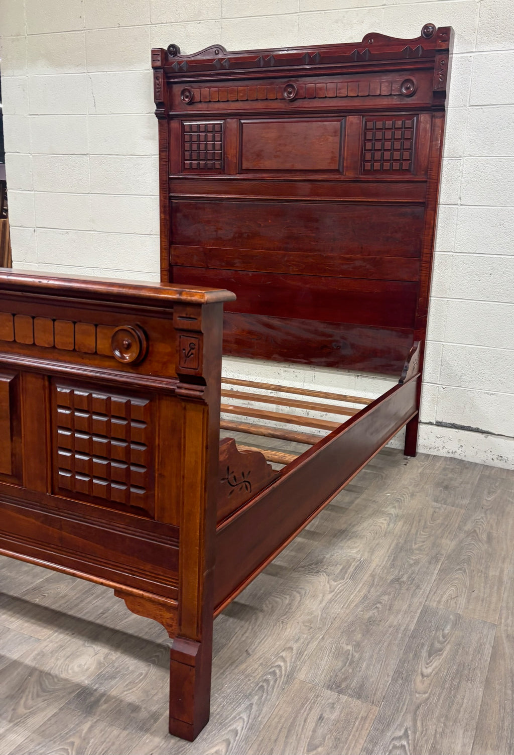 Antique Full Size Late 19th Century Victorian Eastlake Monumental High Back Bed