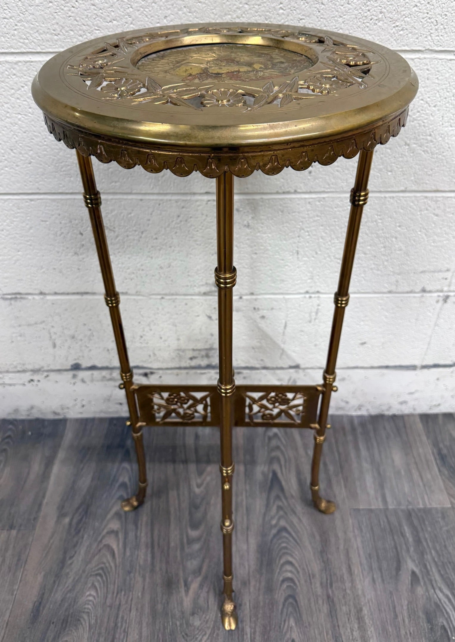 Vintage Hollywood Regency Chinoiserie Style Brass Plant Stand Accent Table